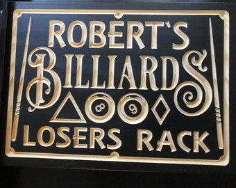 Personalized Billiards Room Sign Pool Hall Gift Basement Decor Bar Room Sign Gift for Him Billiards Table Custom Carved Wood Plaque Man Cave