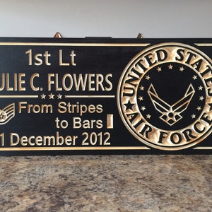 May include: A black wooden plaque with gold lettering and a carved United States Air Force emblem. The plaque reads "1st Lt JULIE C. FLOWERS *** From Stripes to Bars 21 December 2012".