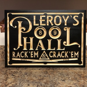 Personalized Billiards Room Pool Hall Gift Custom Carved Wood Plaque Man Cave