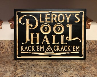 Personalized Billiards Room Pool Hall Gift Custom Carved Wood Plaque Man Cave