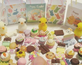 Sale! Dollhouse miniature Easter bags with candy and adorable chicks handmade mini food set