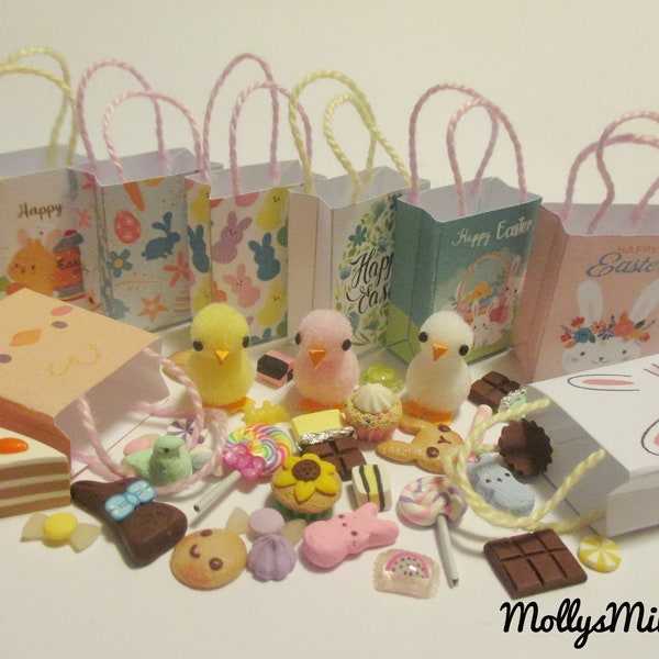 Dollhouse miniature Easter bags with candy and adorable chicks handmade mini food set