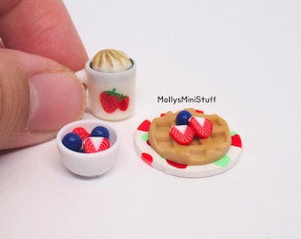 Miniature breakfast waffle and fruit set of 16 - Handmade polymer clay dollhouse miniature food set 1:6 scale
