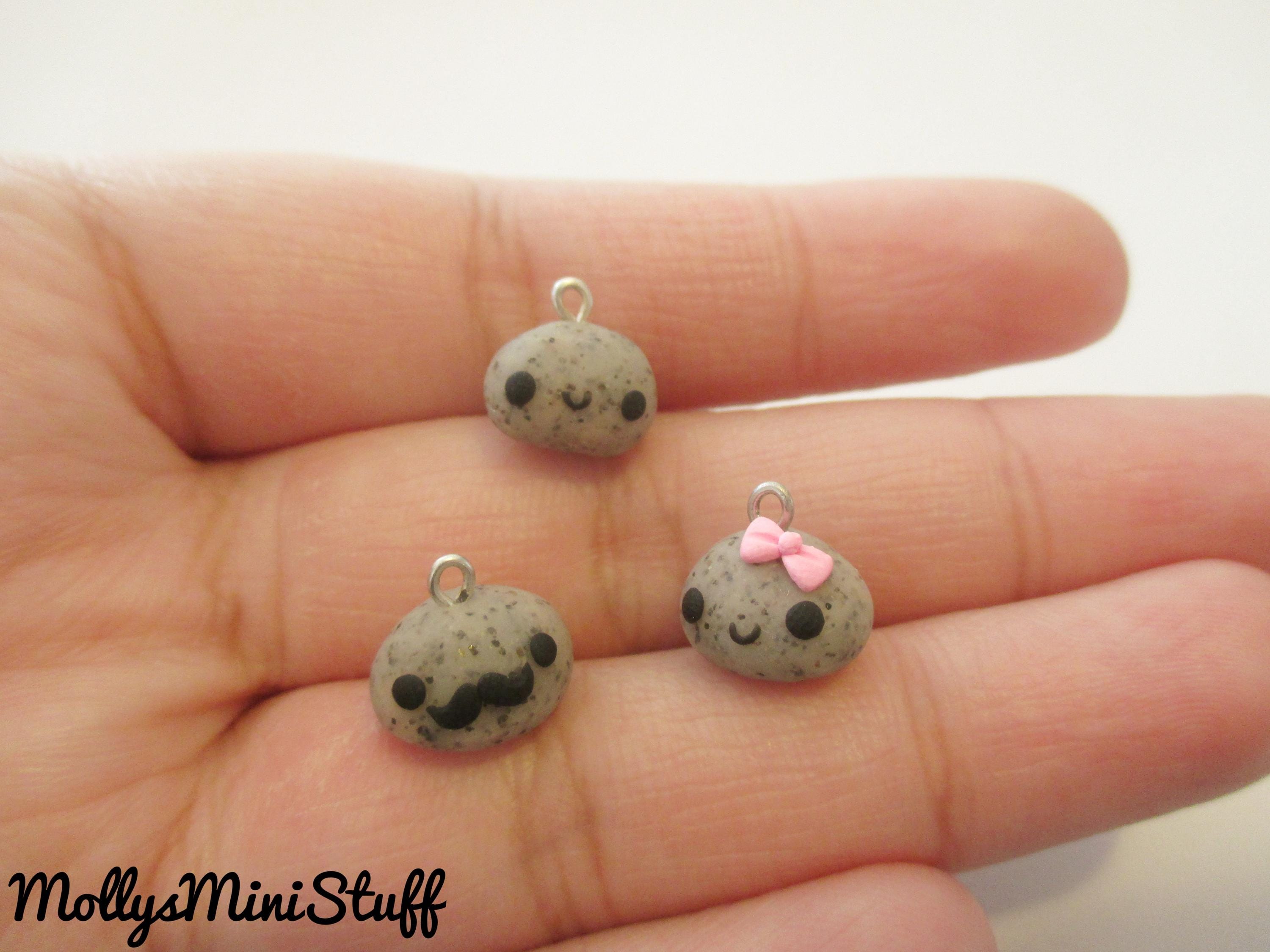 Set of Pet Rock Charms Polymer Clay Handmade Kawaii OOAK Charms