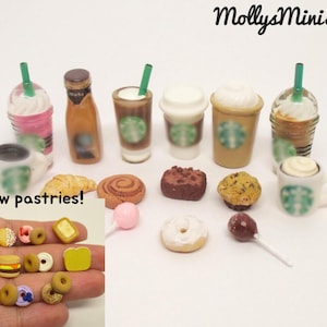May include: A collection of miniature food and drink items including coffee cups with green straws, a mocha bottle, a croissant, a cinnamon roll, a brownie, a muffin, a donut, and lollipops. Text reads MollysMiniStuff and New pastries!