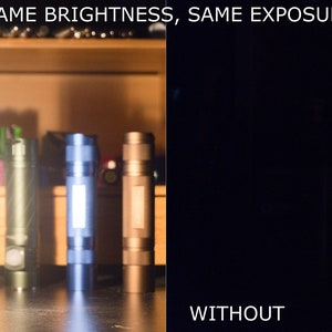 May include: Two images showing the difference between a flashlight with and without a diffuser. The image on the left shows a bright white light from the flashlight with a diffuser. The image on the right shows a blue light from the flashlight without a diffuser. The text "SAME BRIGHTNESS, SAME EXPOSURE" is at the top of the image. The text "WITH" is at the bottom left of the image. The text "WITHOUT" is at the bottom right of the image.