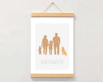 May include: A framed print featuring a family silhouette with two children and a dog, all in a warm, golden hue. The print includes the text: "When you love what you have, you have everything you need."