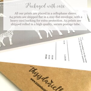 May include: A gray card with the text "Packaged with care" and information about how prints are packaged and shipped. The text includes "cellophane sleeve", "stay-flat envelope", "heavy card backing", and "secure postage tube".