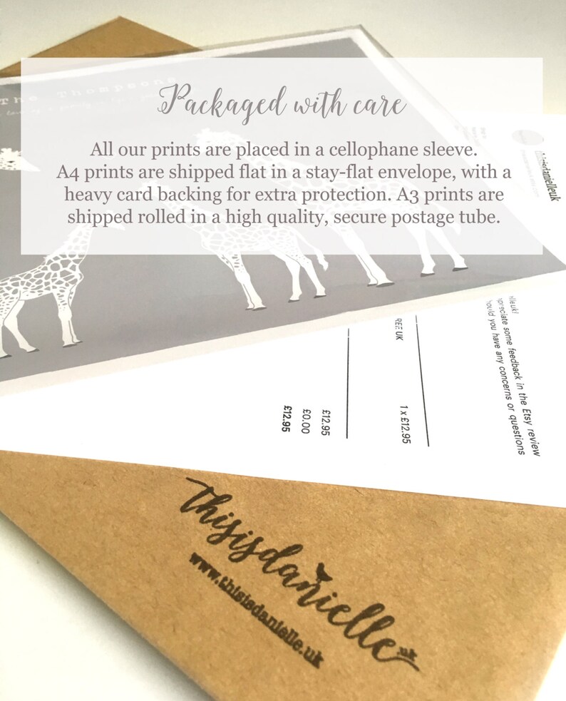 May include: A gray card with the text "Packaged with care" and information about how prints are packaged and shipped. The text includes "cellophane sleeve", "stay-flat envelope", "heavy card backing", and "secure postage tube".