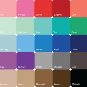 May include: A color chart with 32 different color swatches. The swatches are arranged in a grid of 8 rows and 4 columns. Each swatch is labeled with a name, such as "Candyfloss", "Rose", "Flushed", "Scarlet", "Burgandy", "Coral", "Tangerine", "Daffodil", "Mint", "Spearmint", "Aqua", "Teal", "Clover", "Bottle", "Powder blue", "Duck egg", "Sky", "Atlantic", "Royal", "Colbat", "Heather", "Lavendar", "Grape", "Cadbury", "Smoke", "Charcoal", "Slate", "Nude", "Stone", "Hazlenut", "Latte", "Chocolate", "Cocoa", "Midnight", and "Arctic".