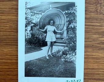 Vintage 1947 Snapshot | Woman with Oversized Basket Hat