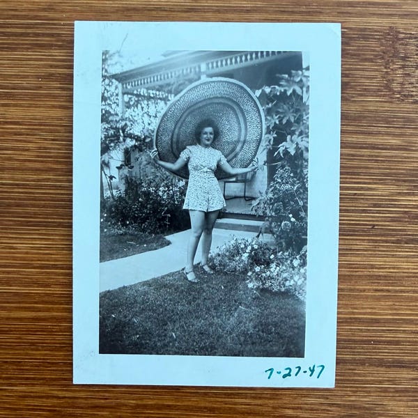 Vintage 1947 Snapshot | Woman with Oversized Basket Hat