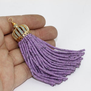 20x100mm Lilac Afghan Tassels, Micro Pave Tassel End Caps, Perls With CZ Cap, Large Tassels, Long Heishi Beads Tassels, LTZ, AFG148