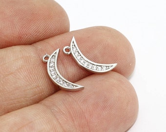6x13mm Rhodium Plated Moon Charms, Micro Pave Moon, CZ Pendant, Cubic Zirconia Moon, Beads, Bracelet Charms, Moon Necklace, FLT, ZRCN493