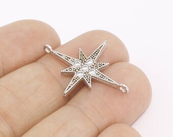 24x29mm Rhodium Plated North Star Charms, Micro Pave North Star Pendant, CZ North Star, Silver North Star, White Zircon Charms, ZST, ZRCN725