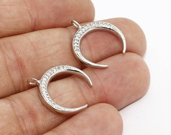 Pingente de chifre banhado a prata 18 x 21 mm, pingente de meia-lua, pingente de chifre micropavimentado, pingentes de zircônia cúbica, colar crescente, ZHN, ZRCN499