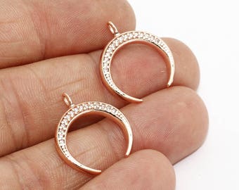 Pingente de chifre de ouro rosa 18 x 21 mm, pingente de lua crescente, pingente de meia-lua, chifre micropavimentado, pingentes de zircônia cúbica, colar crescente, ZHN, ZRCN494