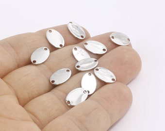 10 Pcs 7x11mm Silver Plated Two Hole Disc, Oval Disc, Coins, Bracelet Connector, Stamping Tag, Charms, Silver Plated Findings, OS, AE176