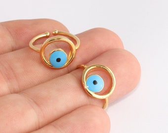 24k Gold Plated Evil Eye Ring, Adjustable Brass Ring, SLM1065