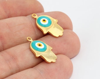 13x23mm 24k Shiny Gold Hamsa Charms, Evil Eye Hamsa Charms, Evil Eye Pendant, Enamel Charms, Hamsa Bracelet, Fatima Hand Charms, MTE448