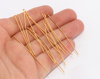50mm 20ゲージ 24金光沢ゴールドヘッドピン、フラットヘッドピン、ビーズ用ヘッドピン、ジュエリー製作部品、金メッキ金具、CHK324