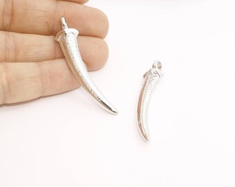 4x56mm Rhodium Plated Tusk Charms, Ivory Charms, Silver Tusk Necklace, Tusk Pendant, Animal Teeth Charms, Charms, Silver Findings, MTE296