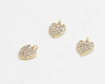 22k Gold Micro Pave Heart Charm, Cubic Zirconia, 8mm, ZRCN308