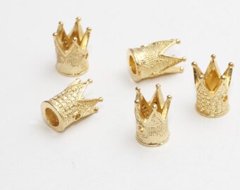 22k Gold Plated Crown Charm, Micro Pave CZ Bronze Bead (7x11mm), KT, KDR80