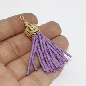 14x60mm Lilac Afghan Tassels, Micro Pave Tassel End Caps, Perl Tassel With CZ Cap, Large Tassel, Long Heishi Beads Tassels, MLZ, AFG161