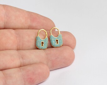 MLS500 CZ Lock Beads Micro Pave Padlock Pendant 11x17mm 24k Shiny Gold Lock Charms Turquoise Zircon Pendant Micro Pave Bracelet Charms