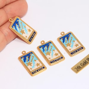 15 x 26 mm Breloques pour cartes de tarot en or brillant 24 carats, Breloque carte de tarot étoiles, Perles étoiles en émail, Bijoux mystiques, Apprêts plaqué or, BRT39