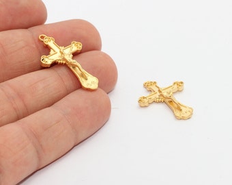 24k Matte Gold Jesus Cross Pendant, Catholic Charm (19x31mm), MTE1280