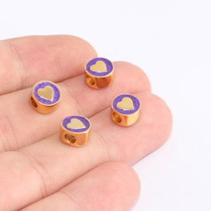 8mm 24k Shiny Gold Heart Charms, Purple Enamel Heart Beads, Dainty Heart Necklace, Sliding Bracelet Beads, Gold Plated Findings, SLM1046