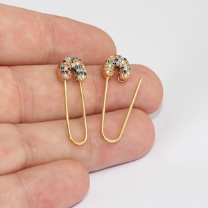 10x32mm 24k glanzende gouden veiligheidsspeld oorbellen, CZ Micro Pave Pin oorbellen, Statement oorbellen, veiligheid pin trekken door drop oorbellen, MLS600