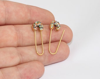 10x32mm 24k Shiny Gold Safety Pin Earrings, CZ Micro Pave Pin Earrings, Statement Earrings, Safety Pin Pull Through Drop Earrings, MLS600