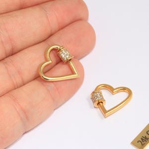 19x20mm 24k Shiny Gold Heart Screw Clasp, Micro Pave Opening Clasp, White Stone Heart Pendant, Gold Plated Necklace Charms, ROSE318