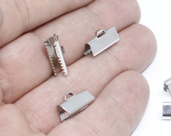 10 stuks 15mm Rhodium Plated lint plooien, snoer einde, bevestigingsmiddelen Clasp, Crimp slotjes, lint klauwen, eindkap, Rhodium Plated bevindingen, FT, FRY86