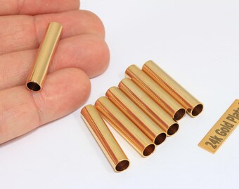 5 cuentas tubulares de latón chapadas en oro de 24k, 6 x 30 mm, BRT354