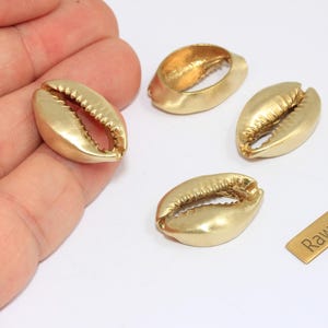 May include: Four gold-coloured brass cowrie shell beads, with a textured surface and a natural shape, are displayed on a white background. A small brass tag reads "Raw Brass".