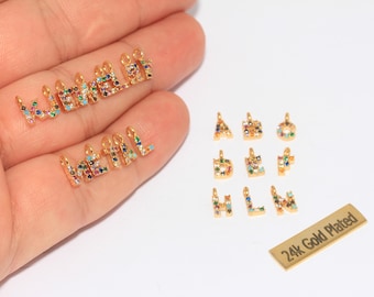 5x8mm 24k Shiny Gold Cz Letter Charms, Mixed Stone Letter Charms, Cubic Zirconia Alphabet Beads, Micro Pave Beads, Gold Plated Beads, HRF30
