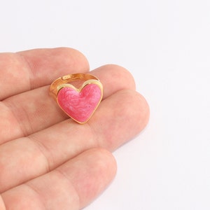 17-18mm 24k Shiny Gold Heart Rings, Pink Enamel Heart Rings, Adjustable Heart Shaped Rings, Pink Heart Rings, Women's Gold Rings, SLM831