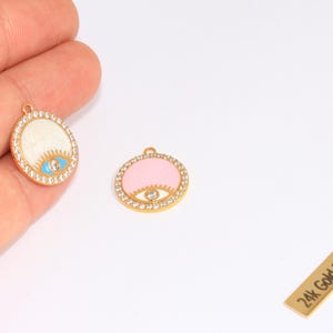 18mm 24k Shiny Gold Eye Medallion, Micro Pave Evil Eye Charm, CZ Medallion, Pink and White Enamel Eye Pendant, Godl Plated Findings, ROSE245