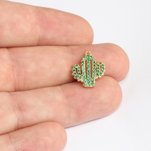 15x17mm 24k Shiny Gold Cactus Charm, Micro Pave Cactus Pendant, Cactus Necklace Charms, Green Stone Charms, Gold Plated Findings, MLS696