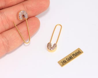 10x32mm 24k Shiny Gold Safety Pin Earrings, CZ Micro Pave Pin Earrings, Statement Earrings, Safety Pin Pull Through Drop Earrings, MTE847