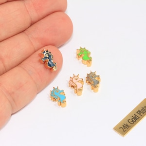7x11mm 24k Shiny Gold Seahorse Charm, Optional Enamel Color Seahorse Pendant, Mini Seahorse Sea Animal Charm, Gold Plated Findings, CHK313-4