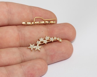 24k Gold Star Ear Climber Earrings, Pave Rhinestone Ear Crawler, MLS576