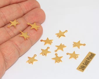 5 Pcs 11x12mm 24k Shiny Gold Star Charms, Two Hole Bracelet Star Connector, BRT759