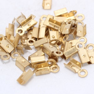100 Pcs 3x8mm Raw Brass Cord End, Crimp End Caps, Fold Over Crimp Cord End Cap With Loop, Ribbon Crimp Ends, Raw Brass Findings, HUK, CR1