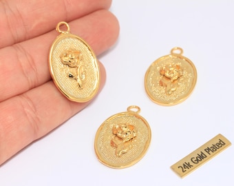21x33mm 24k Shiny Gold Rose Flower Medallion, Necklace Pendant, Round Flower Medallion, Frame Necklace, Gold Plated Findings, CHK207-4