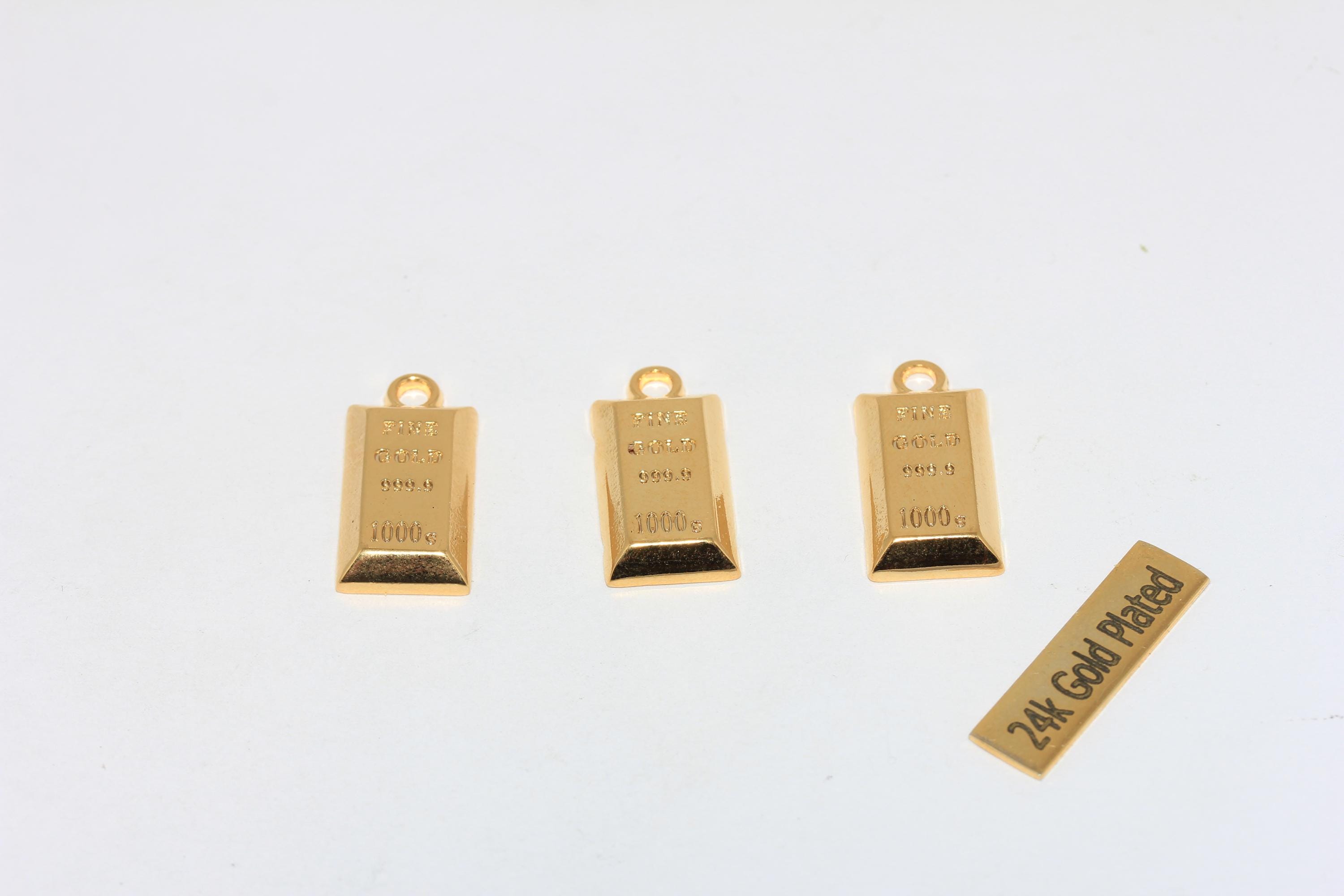 24k Gold Plated Bullion Bar Pendant, Brass Ingot Charm (11x23mm